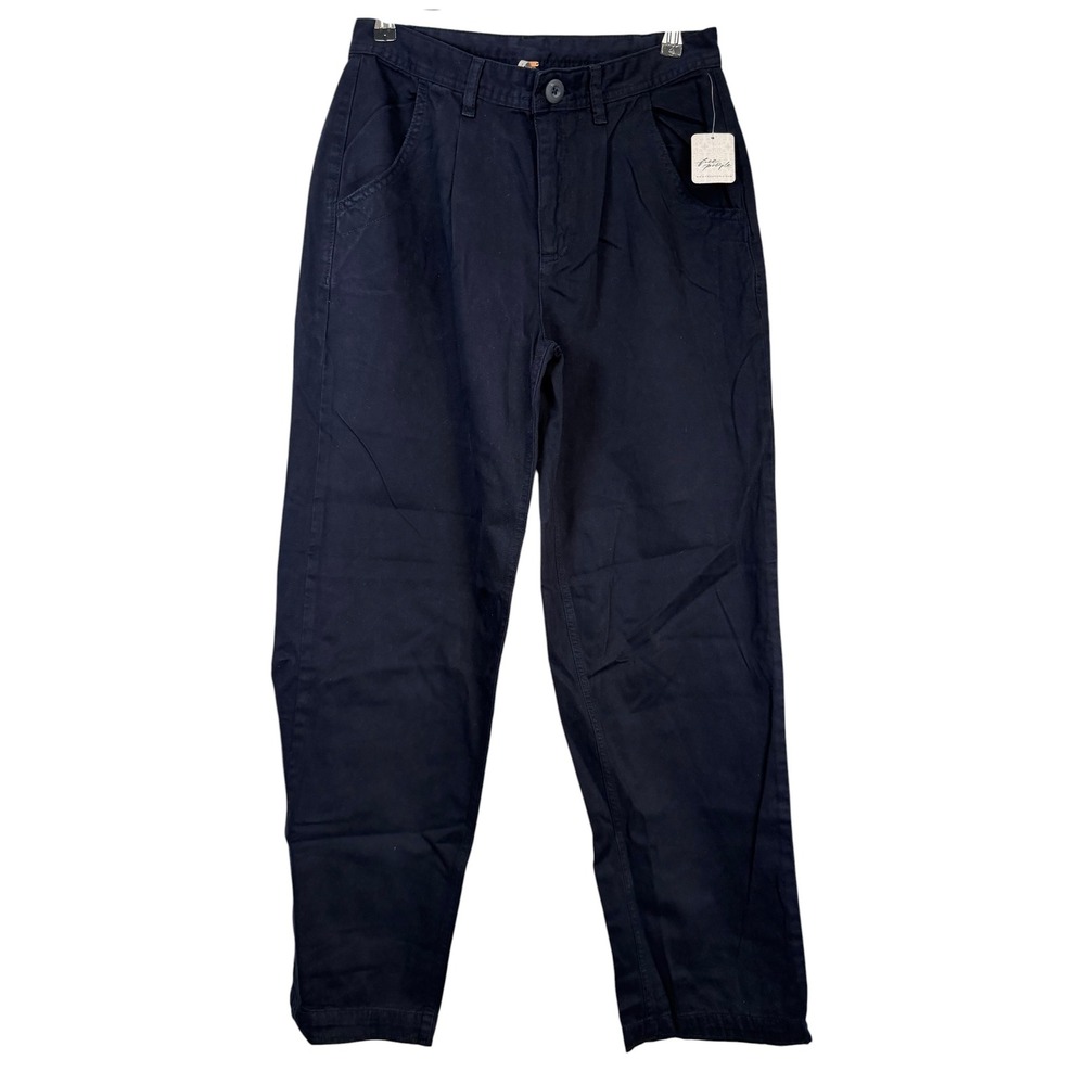 Free People Navy Blue Pleated High Waist Twill Tapered Trousers Pants Size 2